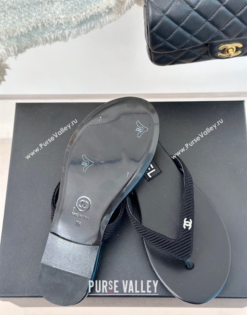 Chanel Ribbed Fabric Flat Thong Slide Sandals with Strass CC Black 2025 G45716 (MD-250417066)