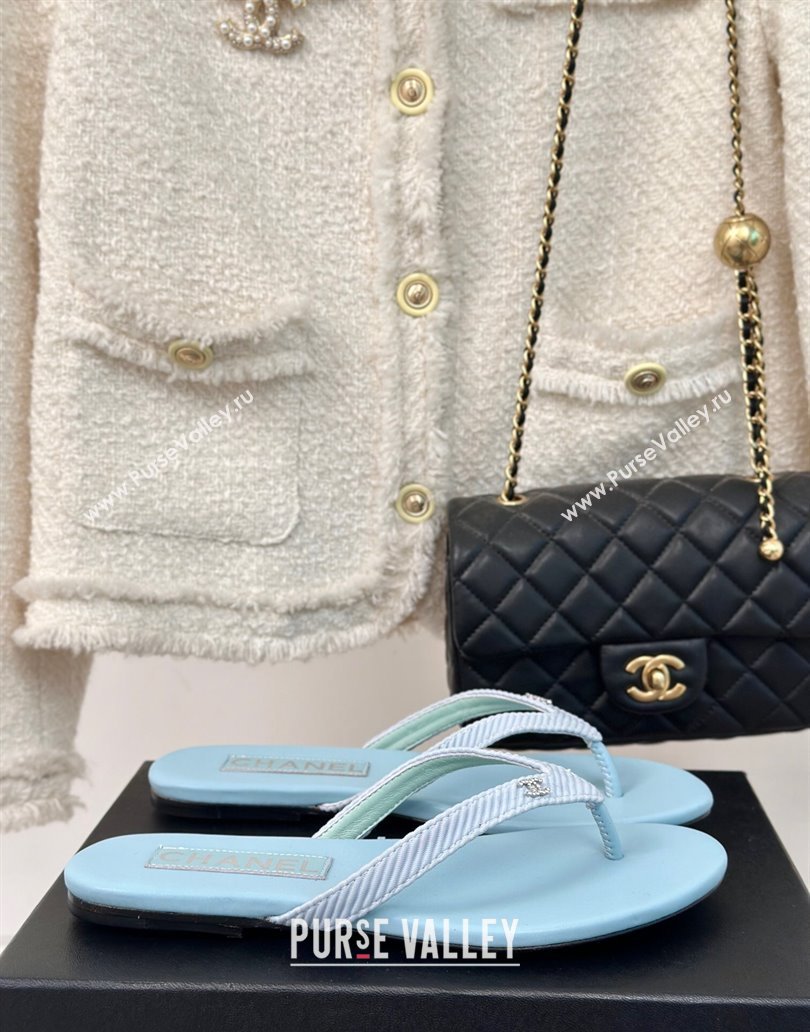 Chanel Ribbed Fabric Flat Thong Slide Sandals with Strass CC Blue 2025 G45716 (MD-250417067)