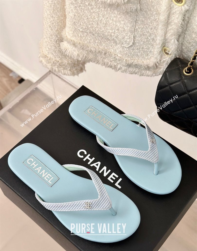 Chanel Ribbed Fabric Flat Thong Slide Sandals with Strass CC Blue 2025 G45716 (MD-250417067)