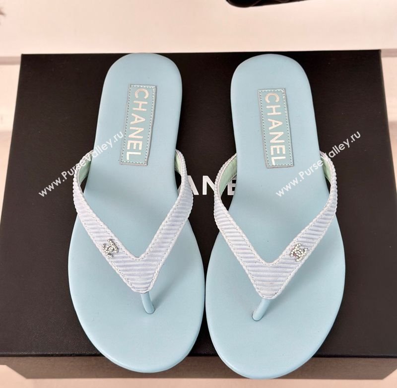 Chanel Ribbed Fabric Flat Thong Slide Sandals with Strass CC Blue 2025 G45716 (MD-250417067)