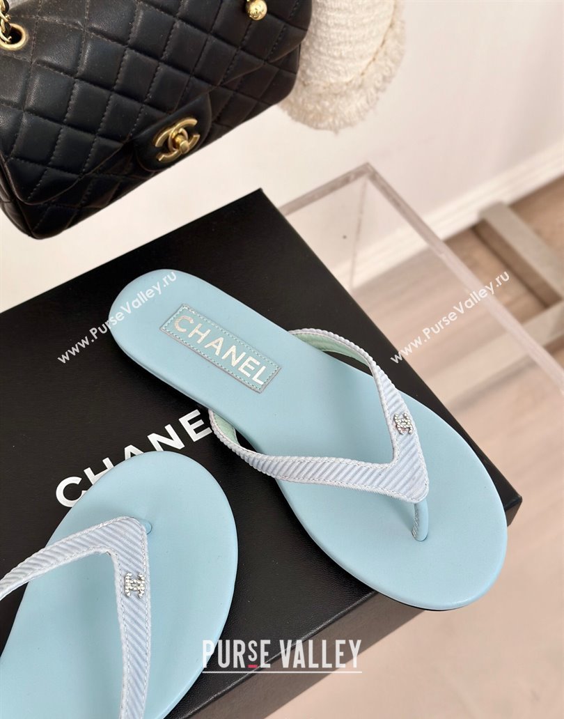 Chanel Ribbed Fabric Flat Thong Slide Sandals with Strass CC Blue 2025 G45716 (MD-250417067)