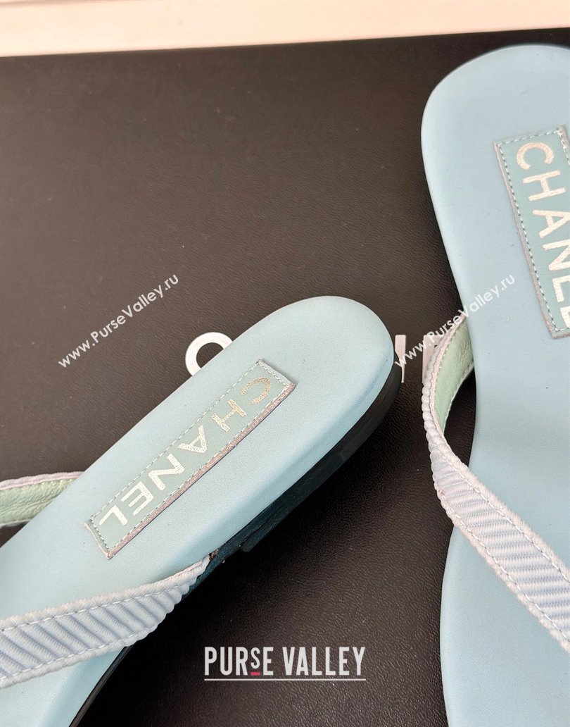 Chanel Ribbed Fabric Flat Thong Slide Sandals with Strass CC Blue 2025 G45716 (MD-250417067)
