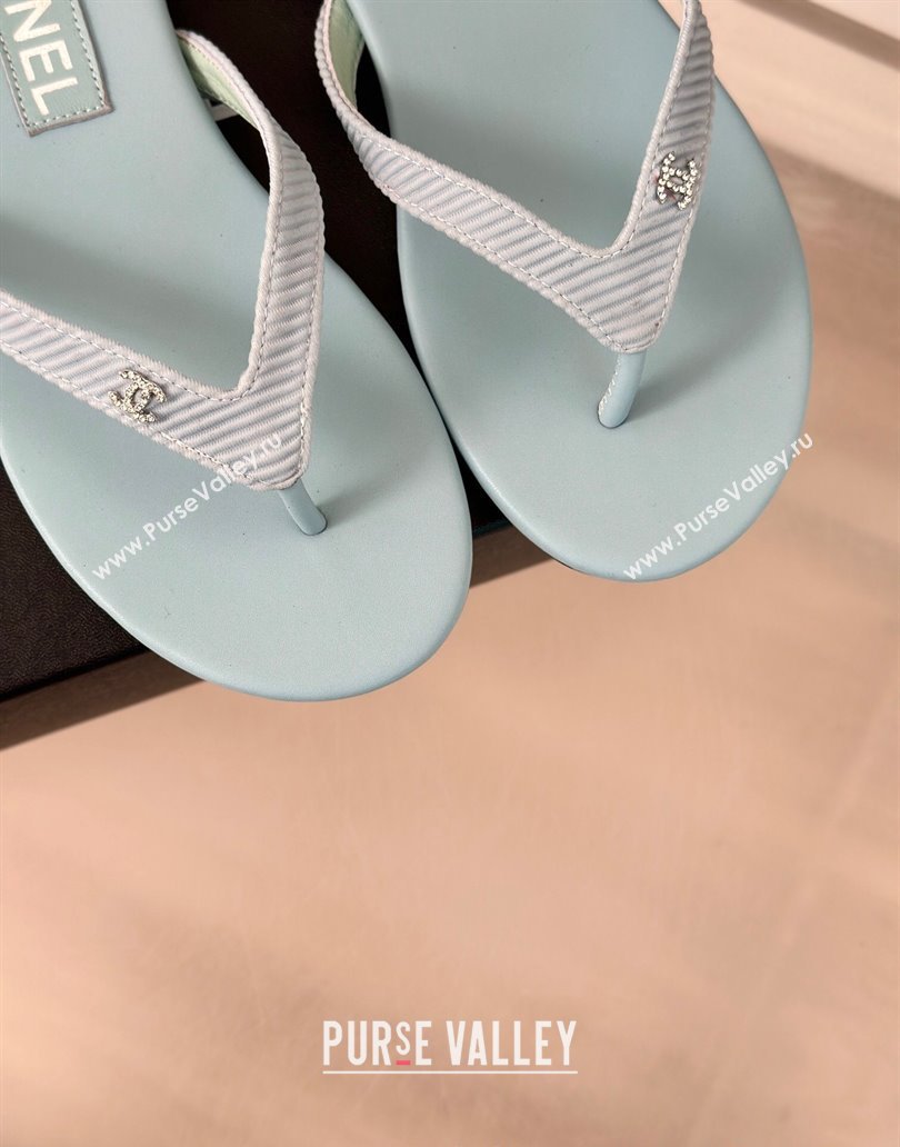 Chanel Ribbed Fabric Flat Thong Slide Sandals with Strass CC Blue 2025 G45716 (MD-250417067)