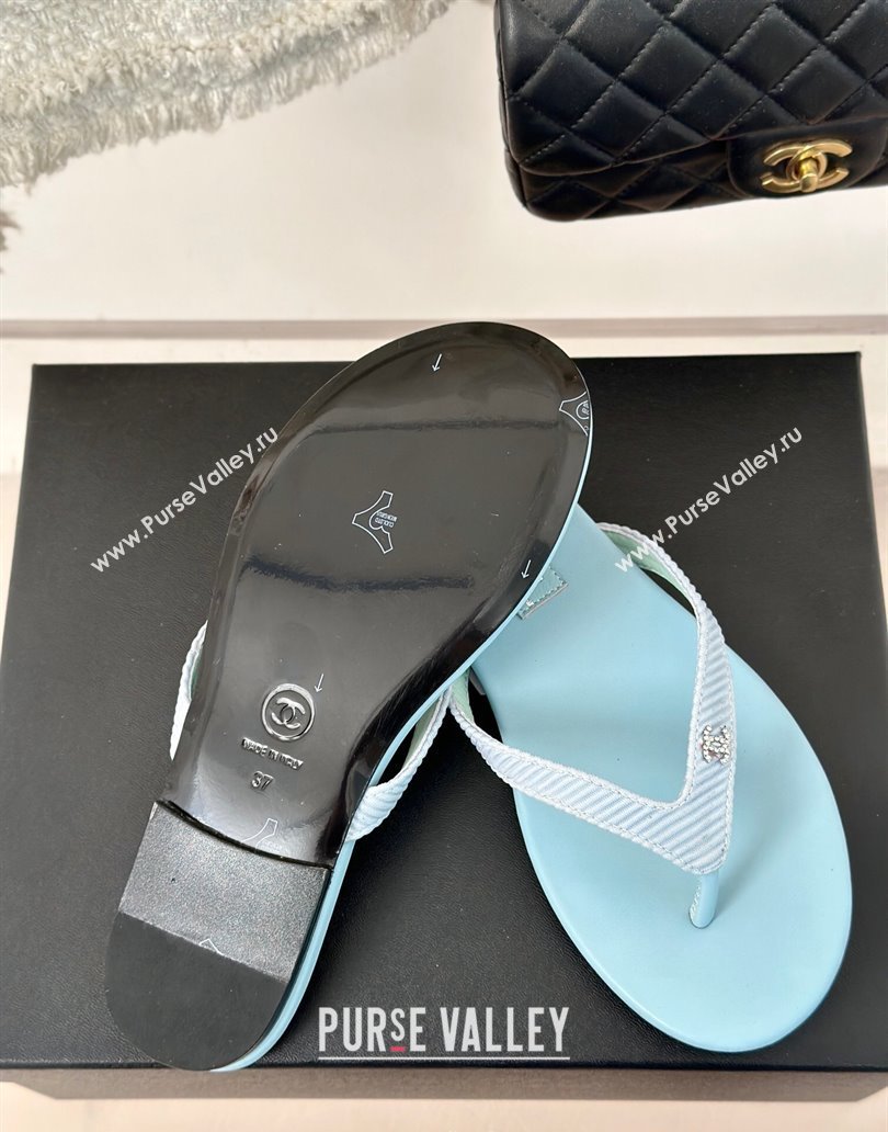 Chanel Ribbed Fabric Flat Thong Slide Sandals with Strass CC Blue 2025 G45716 (MD-250417067)