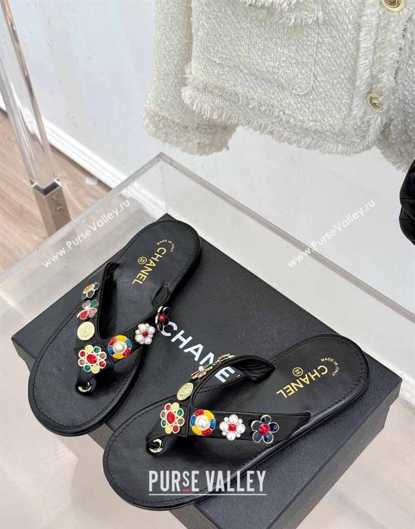 Chanel Lambskin Flat Thong Slide Sandals with Charm Black 2025 G46304 (MD-250417077)