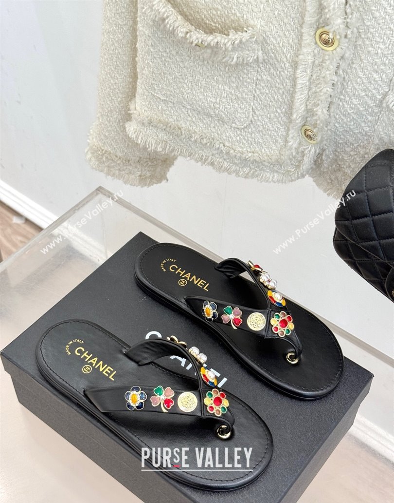 Chanel Lambskin Flat Thong Slide Sandals with Charm Black 2025 G46304 (MD-250417077)