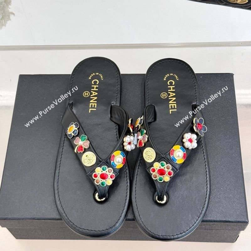 Chanel Lambskin Flat Thong Slide Sandals with Charm Black 2025 G46304 (MD-250417077)