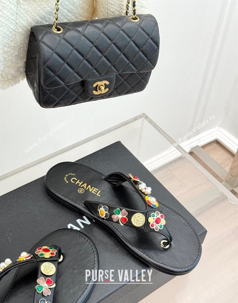 Chanel Lambskin Flat Thong Slide Sandals with Charm Black 2025 G46304 (MD-250417077)
