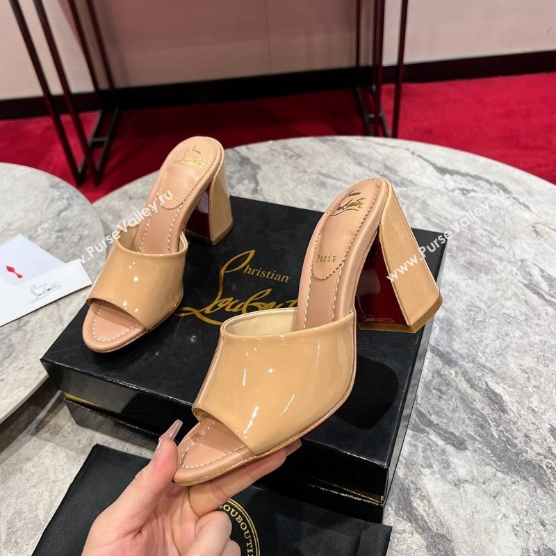 Christian Louboutin Jane Heel Slides Sandal 8.5cm in Patent Leather Beige 2024 (MD-240702008)