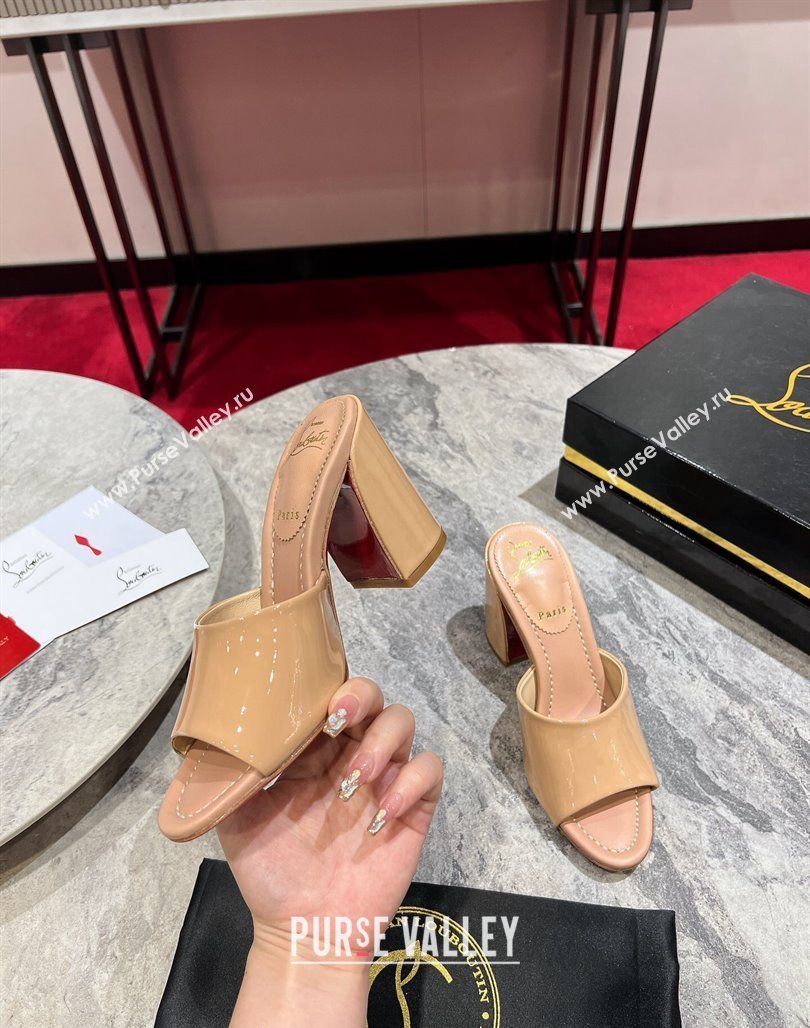 Christian Louboutin Jane Heel Slides Sandal 8.5cm in Patent Leather Beige 2024 (MD-240702008)