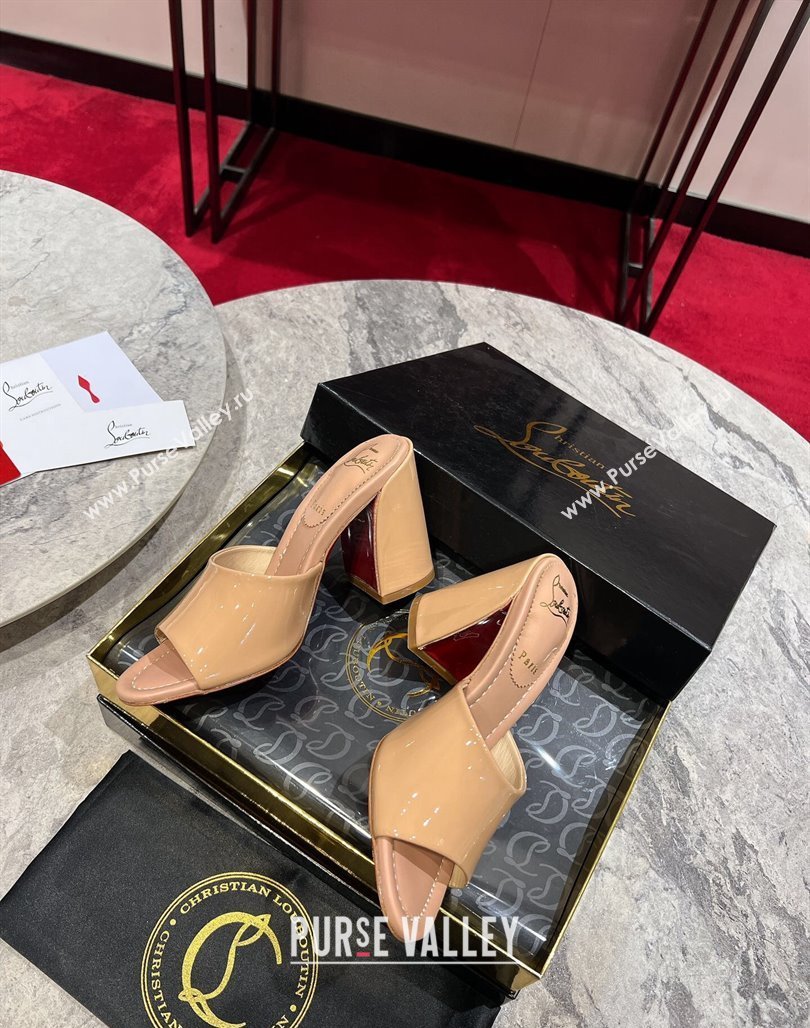 Christian Louboutin Jane Heel Slides Sandal 8.5cm in Patent Leather Beige 2024 (MD-240702008)