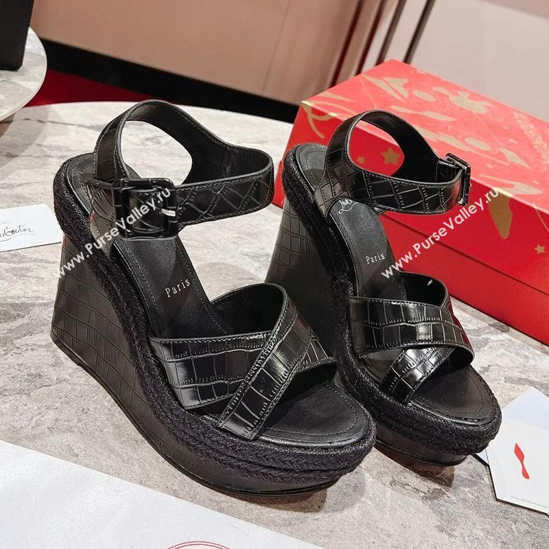 Christian Louboutin Malfadina Zeppa Wedge Sandals 12cm in Embossed Leather Black 2025 (MD-250604132)