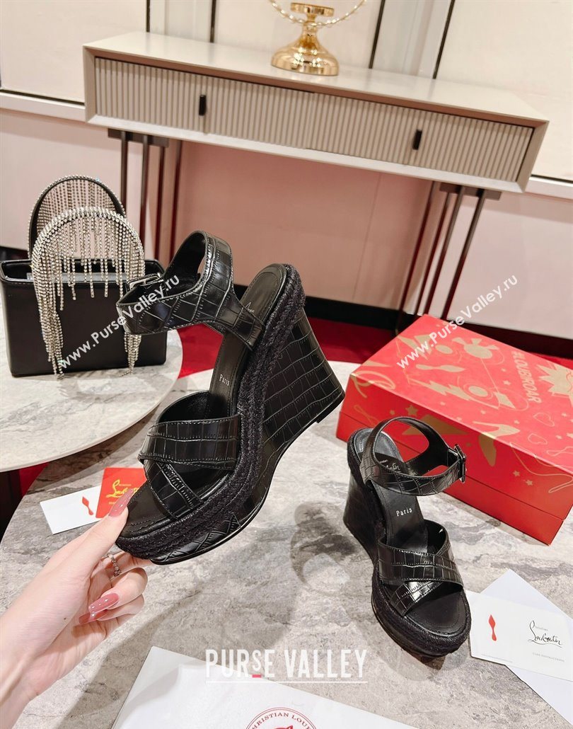 Christian Louboutin Malfadina Zeppa Wedge Sandals 12cm in Embossed Leather Black 2025 (MD-250604132)