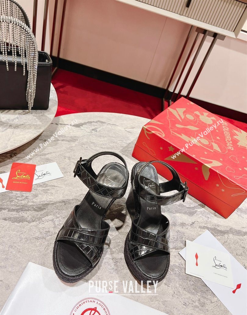 Christian Louboutin Malfadina Zeppa Wedge Sandals 12cm in Embossed Leather Black 2025 (MD-250604132)