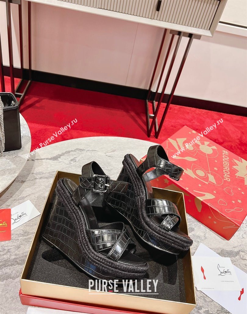 Christian Louboutin Malfadina Zeppa Wedge Sandals 12cm in Embossed Leather Black 2025 (MD-250604132)