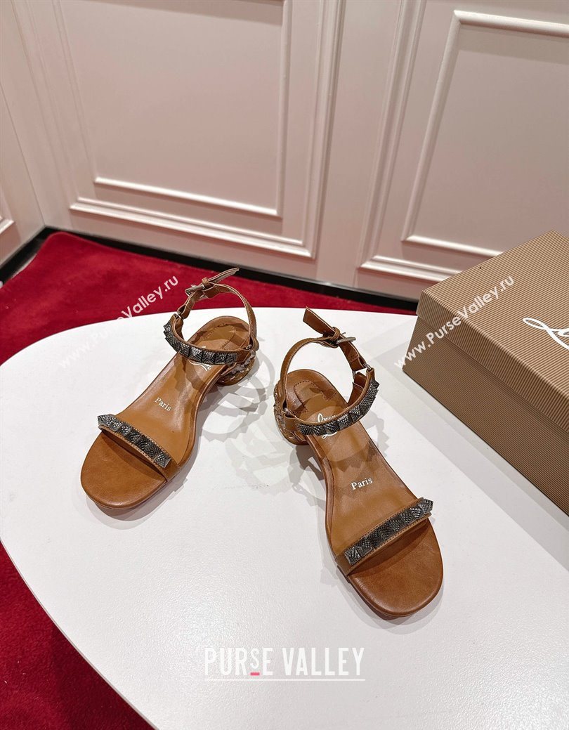 Christian Louboutin Pyrasand Heel Sandals 5.5cm in Waxed Leather with Spike Studs Brown 2025 (MD-251030128)