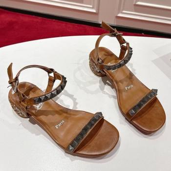 Christian Louboutin Pyrasand Heel Sandals 5.5cm in Waxed Leather with Spike Studs Brown 2025 (MD-251030128)