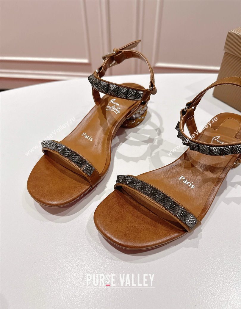 Christian Louboutin Pyrasand Heel Sandals 5.5cm in Waxed Leather with Spike Studs Brown 2025 (MD-251030128)