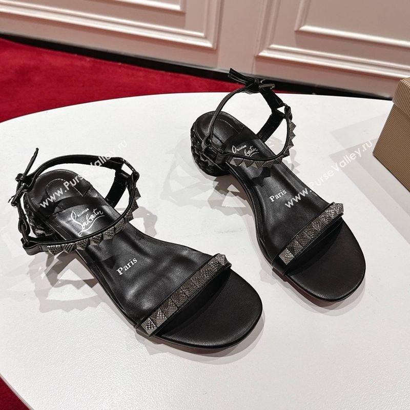 Christian Louboutin Pyrasand Heel Sandals 5.5cm in Waxed Leather with Spike Studs Black 2025 (MD-251030129)