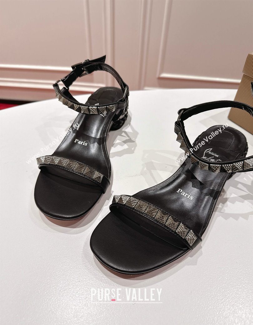 Christian Louboutin Pyrasand Heel Sandals 5.5cm in Waxed Leather with Spike Studs Black 2025 (MD-251030129)