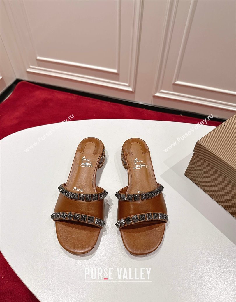 Christian Louboutin Pyrasand Heel Slides Sandal 5.5cm in Waxed Leather with Spike Studs Brown 2025 (MD-251030130)
