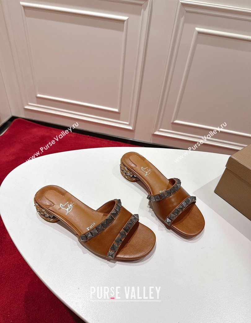 Christian Louboutin Pyrasand Heel Slides Sandal 5.5cm in Waxed Leather with Spike Studs Brown 2025 (MD-251030130)