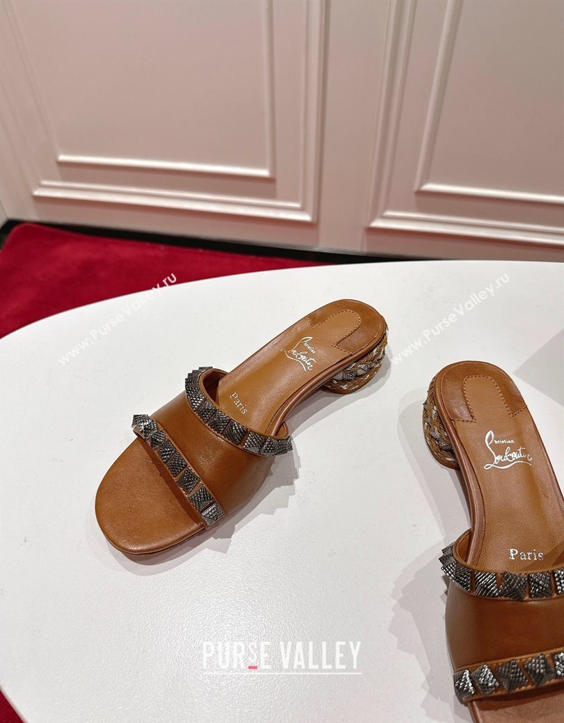 Christian Louboutin Pyrasand Heel Slides Sandal 5.5cm in Waxed Leather with Spike Studs Brown 2025 (MD-251030130)