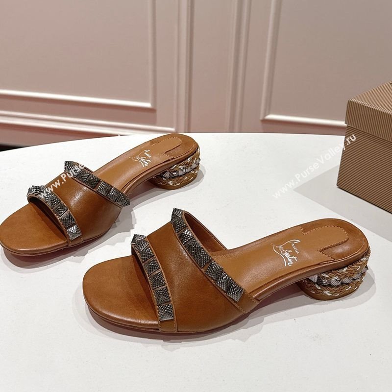 Christian Louboutin Pyrasand Heel Slides Sandal 5.5cm in Waxed Leather with Spike Studs Brown 2025 (MD-251030130)