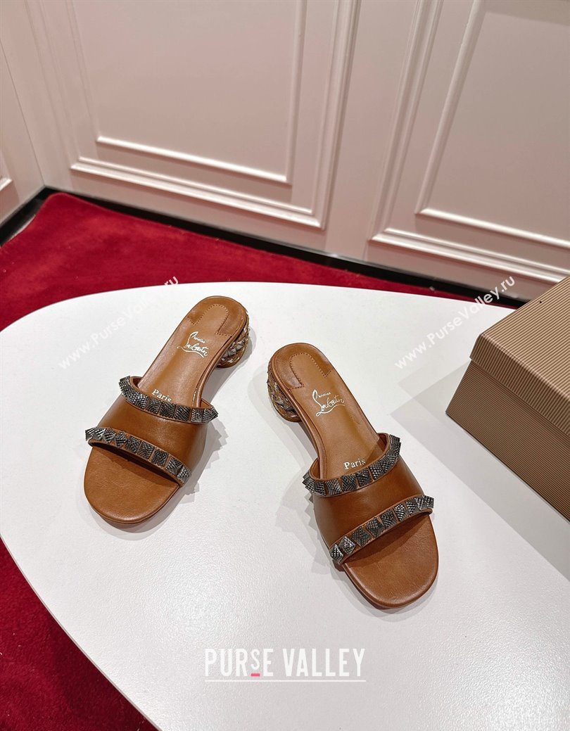 Christian Louboutin Pyrasand Heel Slides Sandal 5.5cm in Waxed Leather with Spike Studs Brown 2025 (MD-251030130)