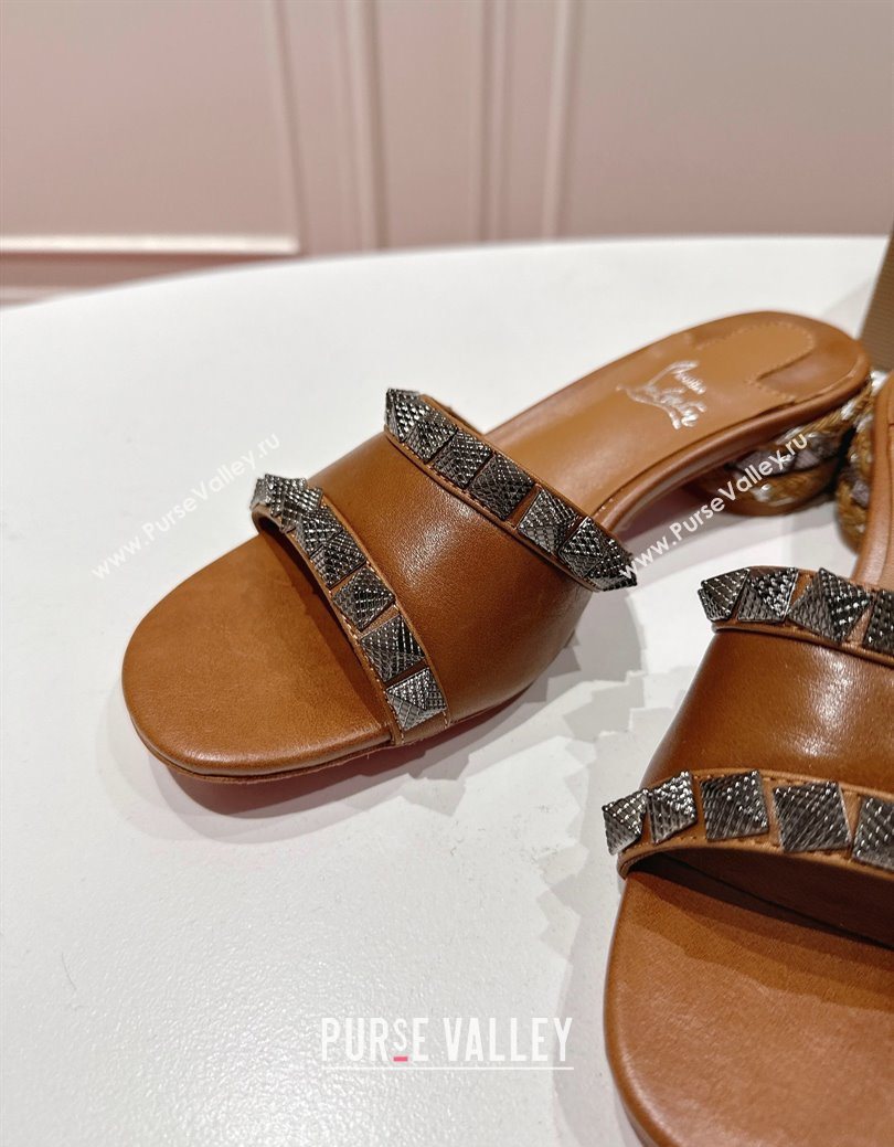 Christian Louboutin Pyrasand Heel Slides Sandal 5.5cm in Waxed Leather with Spike Studs Brown 2025 (MD-251030130)