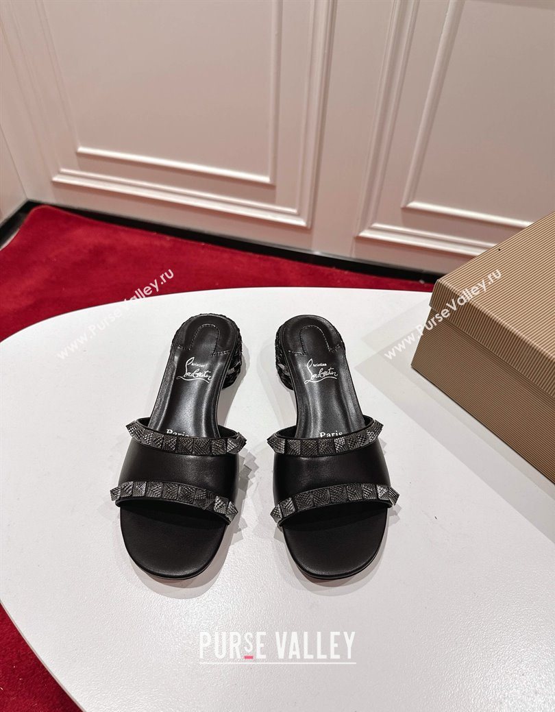 Christian Louboutin Pyrasand Heel Slides Sandal 5.5cm in Waxed Leather with Spike Studs Black 2025 (MD-251030131)