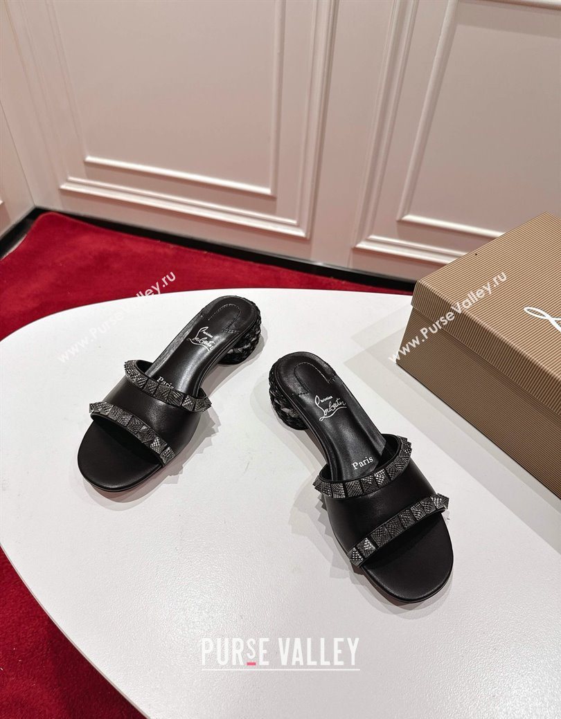 Christian Louboutin Pyrasand Heel Slides Sandal 5.5cm in Waxed Leather with Spike Studs Black 2025 (MD-251030131)