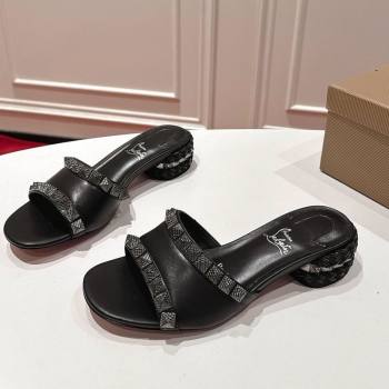 Christian Louboutin Pyrasand Heel Slides Sandal 5.5cm in Waxed Leather with Spike Studs Black 2025 (MD-251030131)