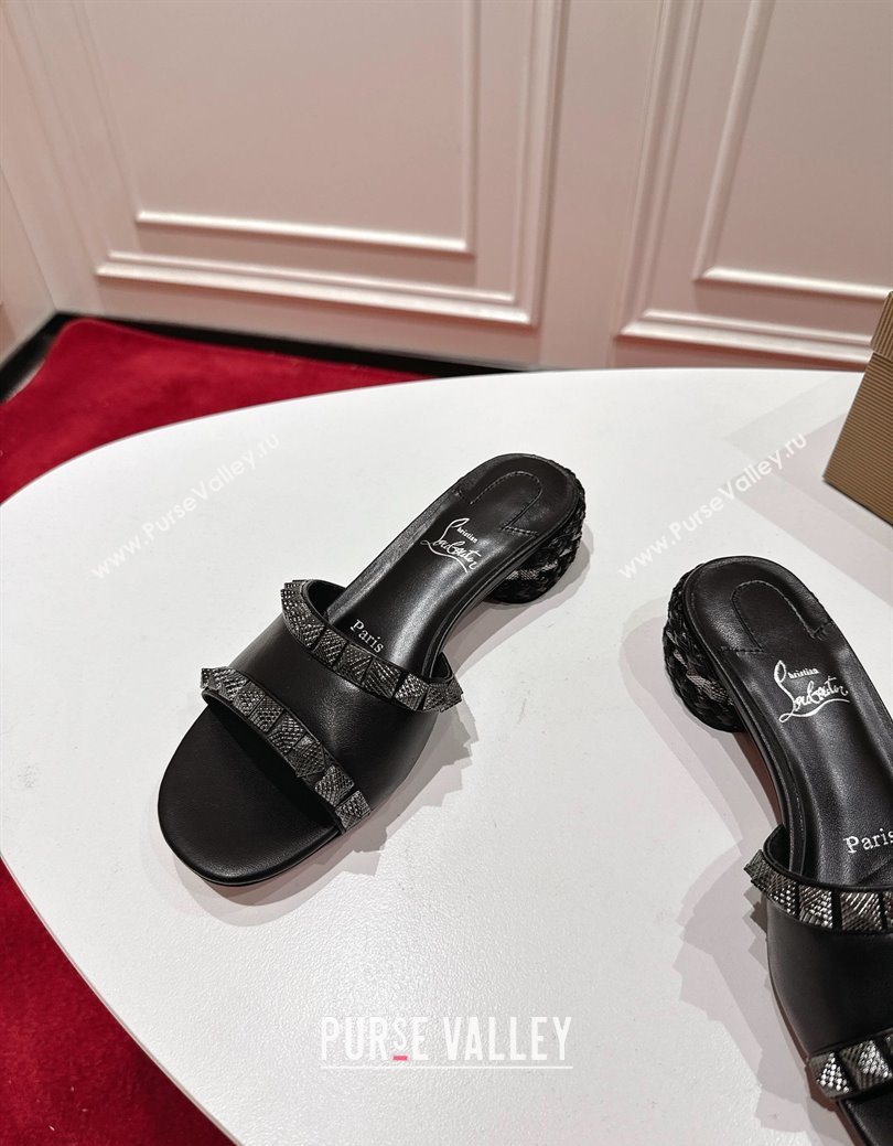 Christian Louboutin Pyrasand Heel Slides Sandal 5.5cm in Waxed Leather with Spike Studs Black 2025 (MD-251030131)