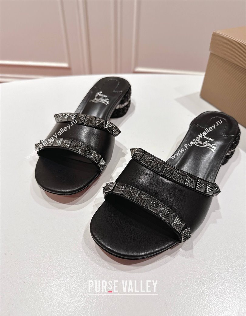 Christian Louboutin Pyrasand Heel Slides Sandal 5.5cm in Waxed Leather with Spike Studs Black 2025 (MD-251030131)