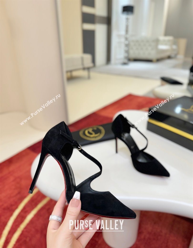Christian Louboutin Miss Ziggyta Heel Pumps 10cm with Strap in Suede Black 2025 (MD-251209089)