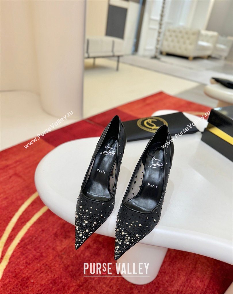 Christian Miss Z Degrastrass Perla Pumps 10cm in Mesh with Strass and Pearls Black 2026 0225 (MD-260225087)