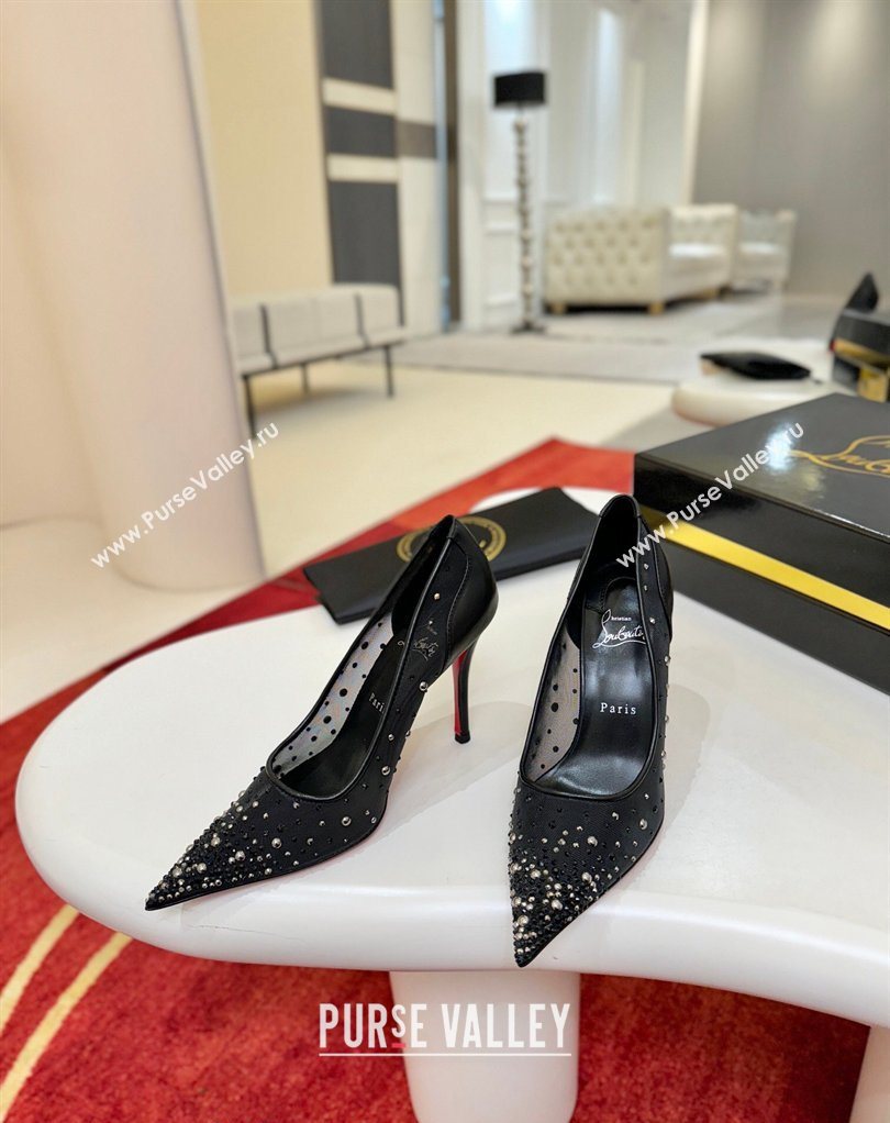 Christian Miss Z Degrastrass Perla Pumps 10cm in Mesh with Strass and Pearls Black 2026 0225 (MD-260225087)
