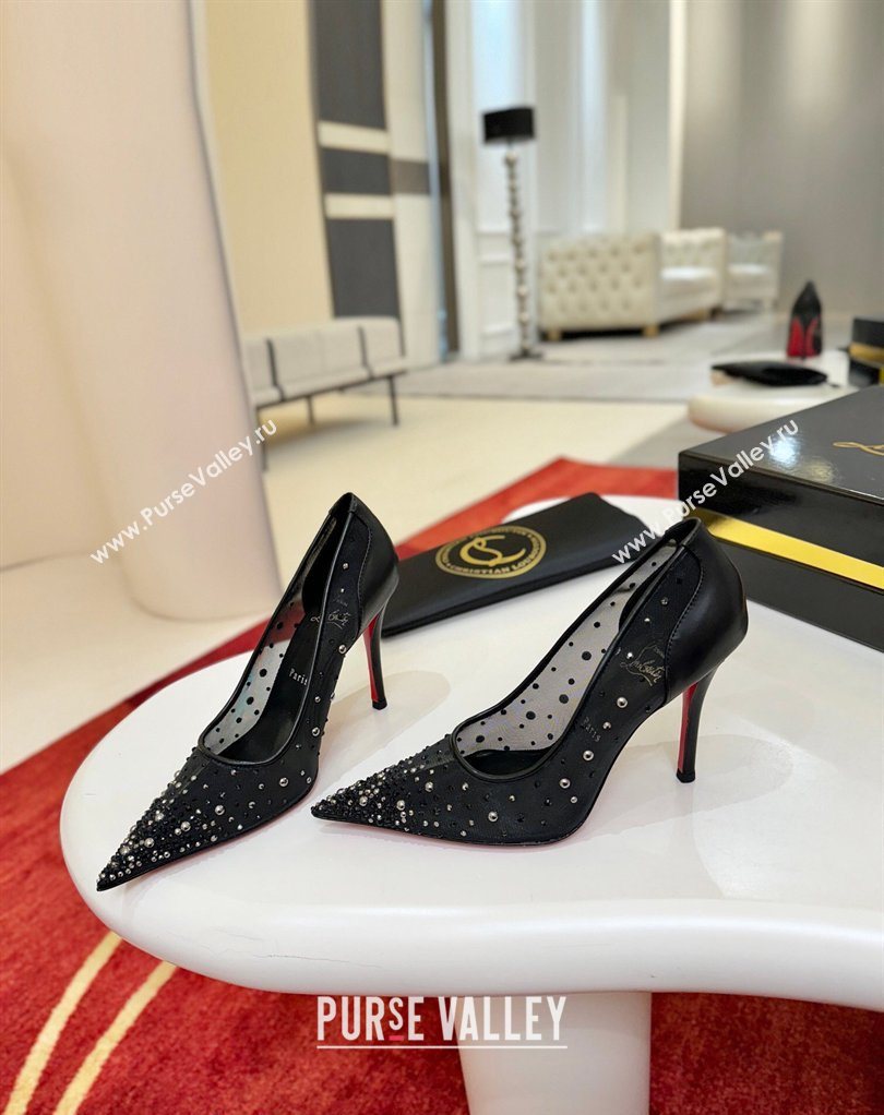 Christian Miss Z Degrastrass Perla Pumps 10cm in Mesh with Strass and Pearls Black 2026 0225 (MD-260225087)