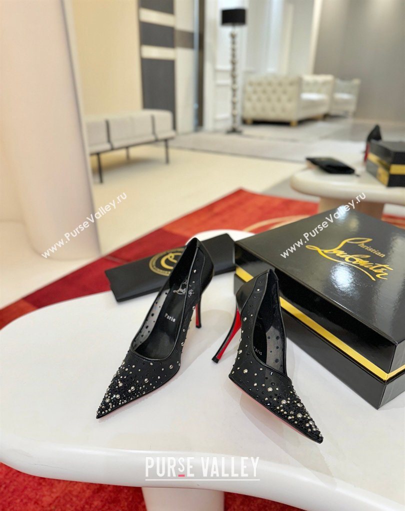 Christian Miss Z Degrastrass Perla Pumps 10cm in Mesh with Strass and Pearls Black 2026 0225 (MD-260225087)