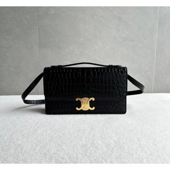 Celine Triomphe Folio Medium Bag in Crocodile Embossed Leather Black/Gold 2026 102382 (BL-260411063)