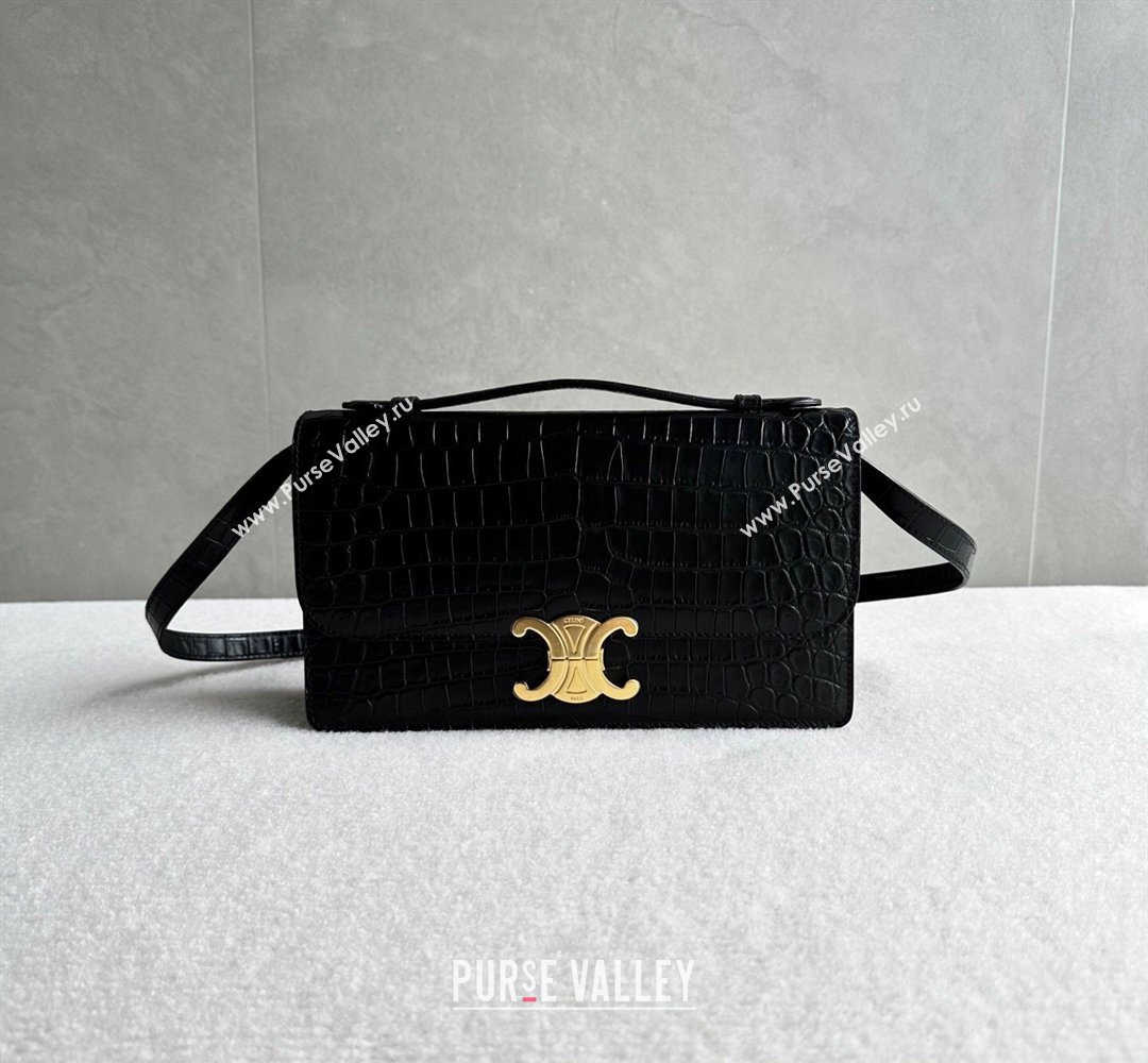 Celine Triomphe Folio Medium Bag in Crocodile Embossed Leather Black/Gold 2026 102382 (BL-260411063)