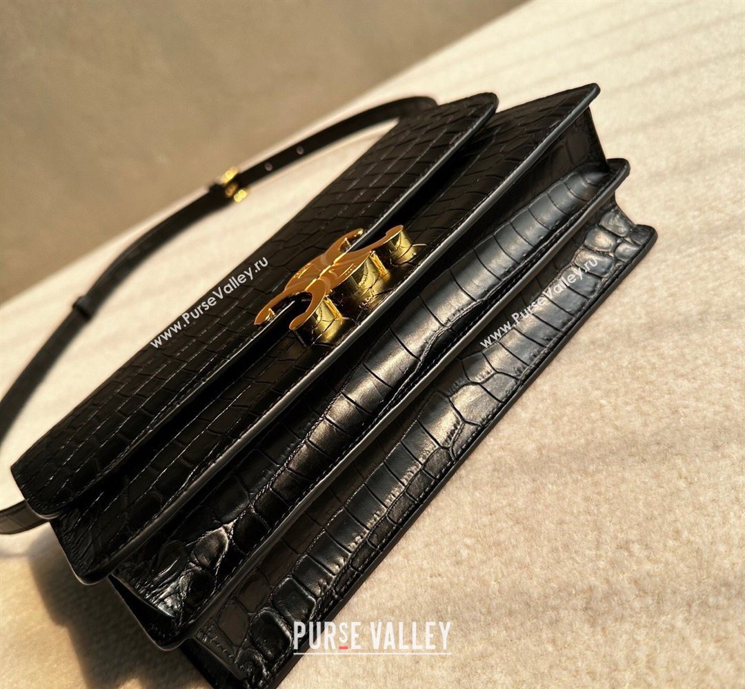 Celine Triomphe Folio Medium Bag in Crocodile Embossed Leather Black/Gold 2026 102382 (BL-260411063)