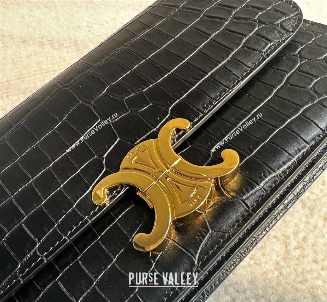 Celine Triomphe Folio Medium Bag in Crocodile Embossed Leather Black/Gold 2026 102382 (BL-260411063)