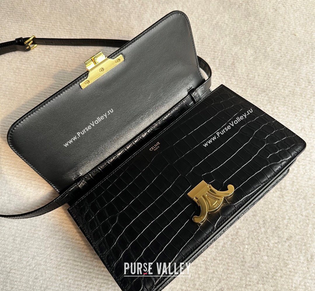 Celine Triomphe Folio Medium Bag in Crocodile Embossed Leather Black/Gold 2026 102382 (BL-260411063)