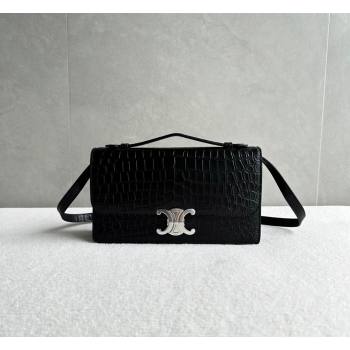 Celine Triomphe Folio Medium Bag in Crocodile Embossed Leather Black/Silver 2026 102382 (BL-260411064)