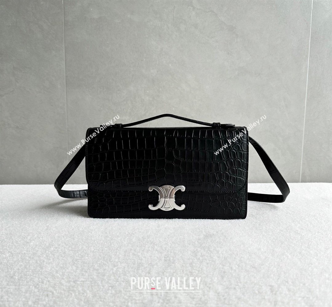 Celine Triomphe Folio Medium Bag in Crocodile Embossed Leather Black/Silver 2026 102382 (BL-260411064)