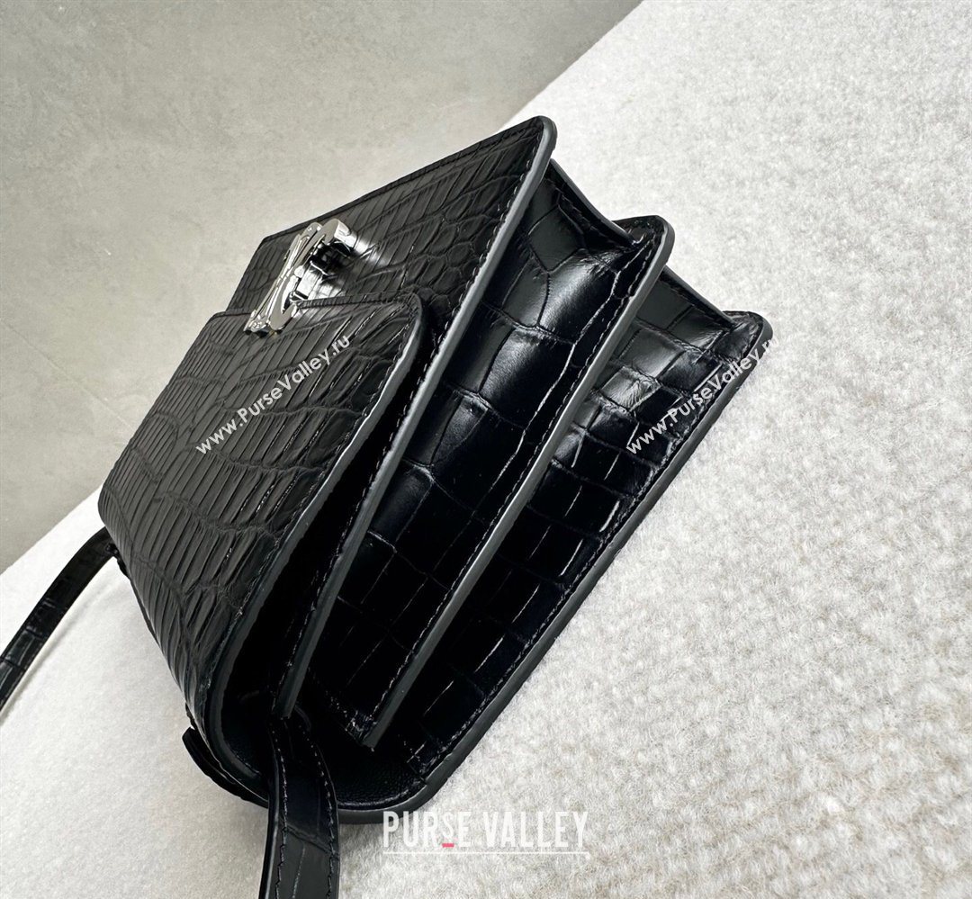 Celine Triomphe Folio Medium Bag in Crocodile Embossed Leather Black/Silver 2026 102382 (BL-260411064)