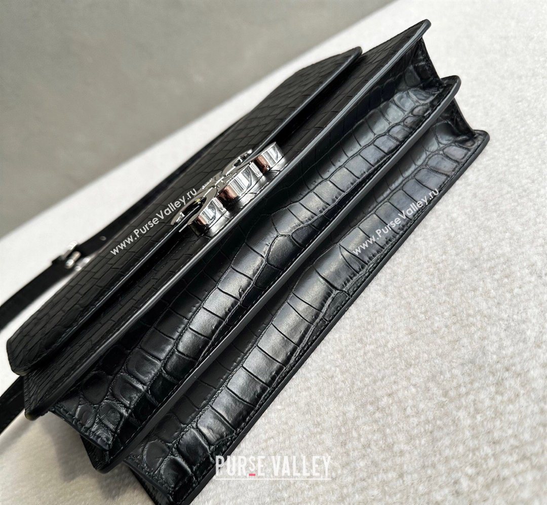 Celine Triomphe Folio Medium Bag in Crocodile Embossed Leather Black/Silver 2026 102382 (BL-260411064)