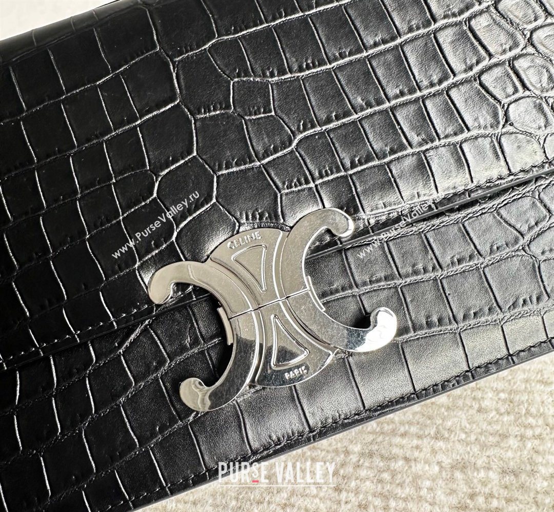 Celine Triomphe Folio Medium Bag in Crocodile Embossed Leather Black/Silver 2026 102382 (BL-260411064)